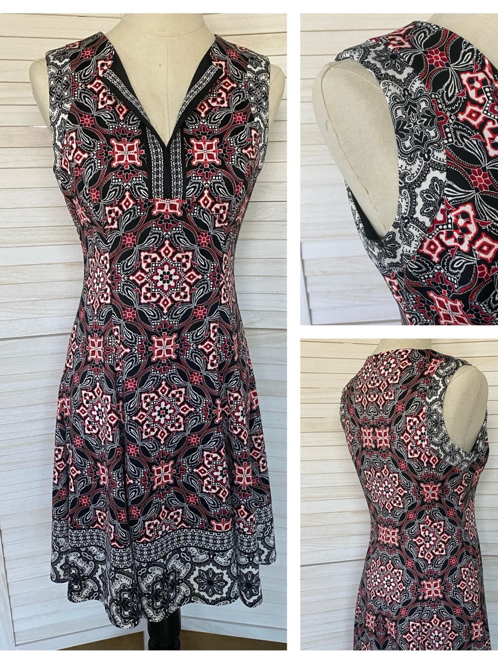 Maggy L by Maggy London Fit & Flare Stretch V-Neck Midi Dress Medallion Print 6